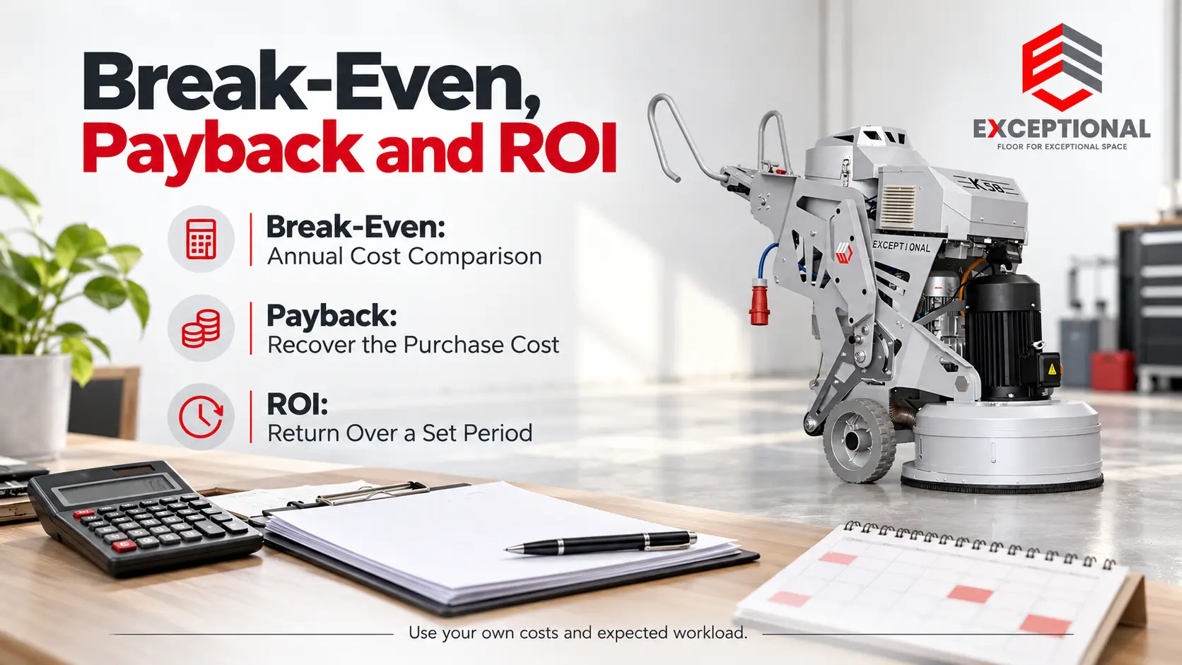 Break-even, cash payback, and equipment ROI explained beside an Exceptional K58 floor grinder