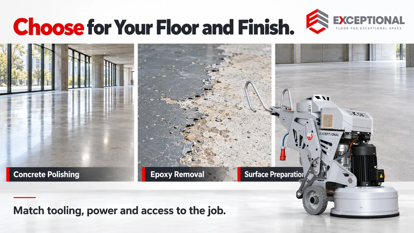 Concrete polishing, epoxy removal, and surface preparation illustrated with an Exceptional planetary grinder
