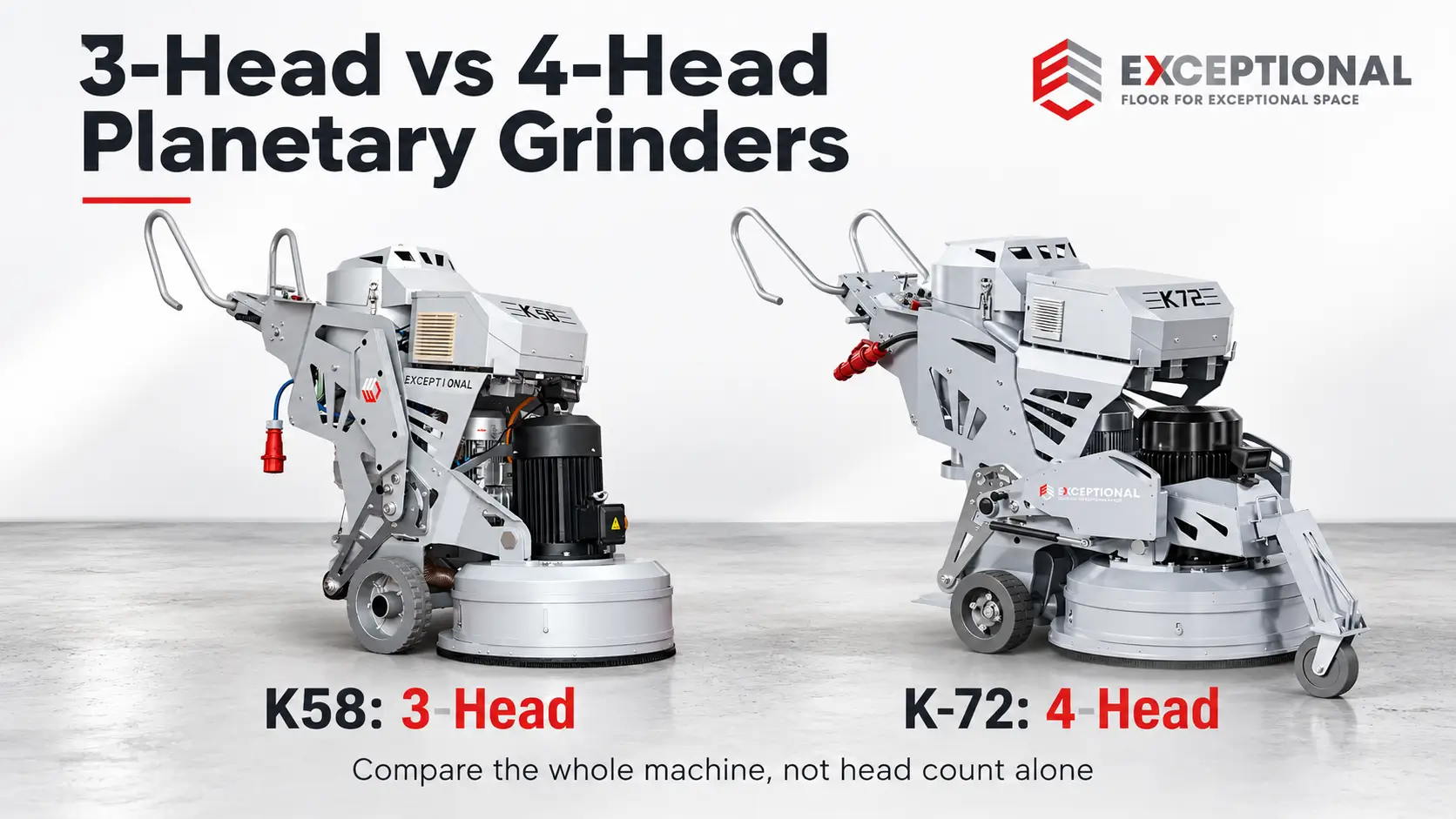 Exceptional K58 three-head and K-72 four-head planetary floor grinders compared side by side